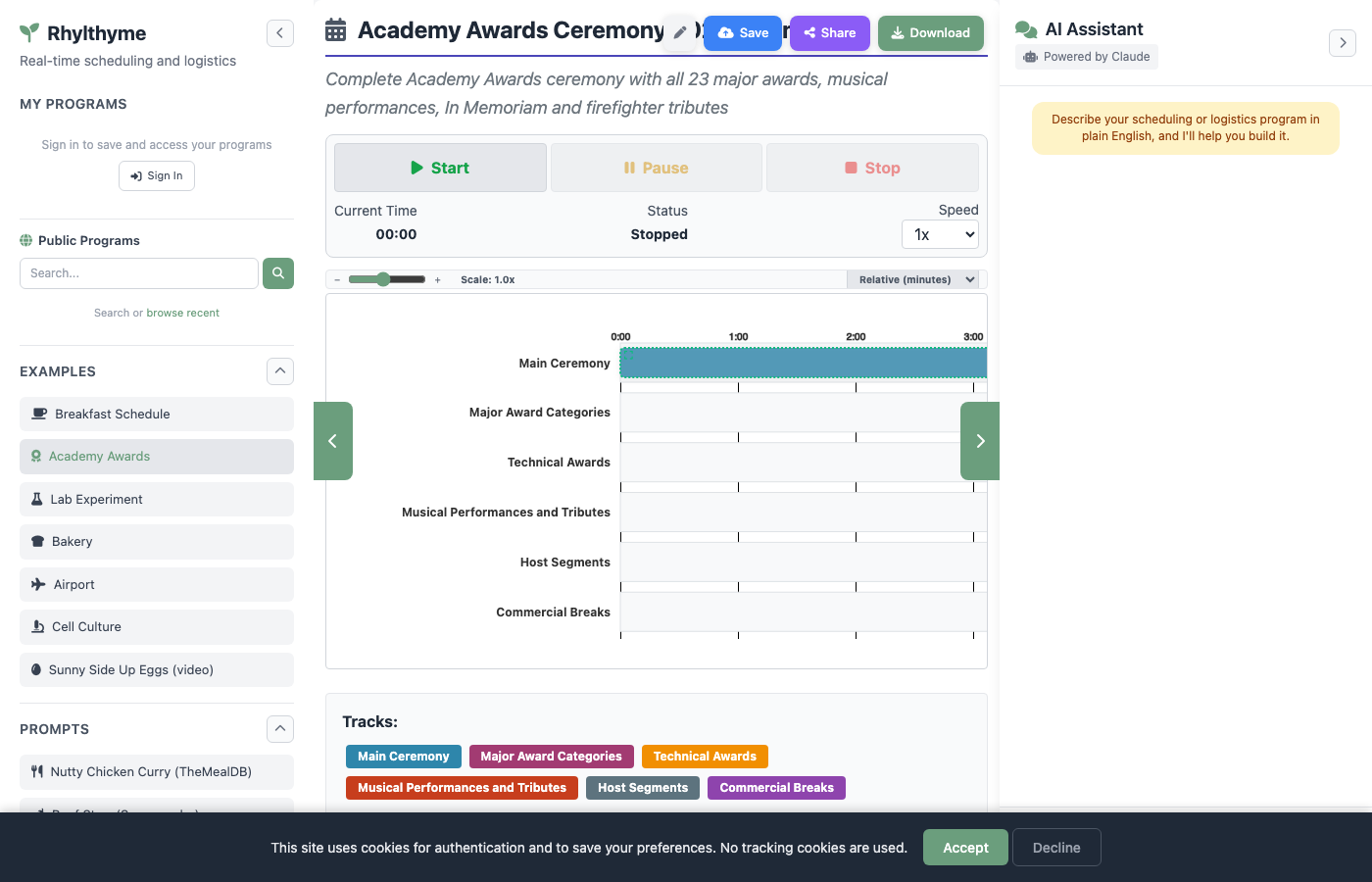 Academy Awards example loaded in the web app showing a multi-track ceremony program