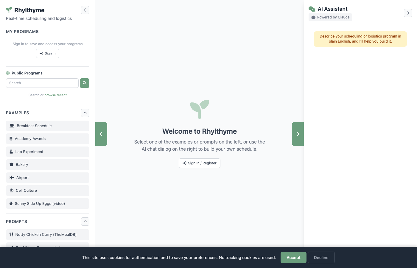 Rhylthyme web app homepage showing the welcome screen with sidebar navigation