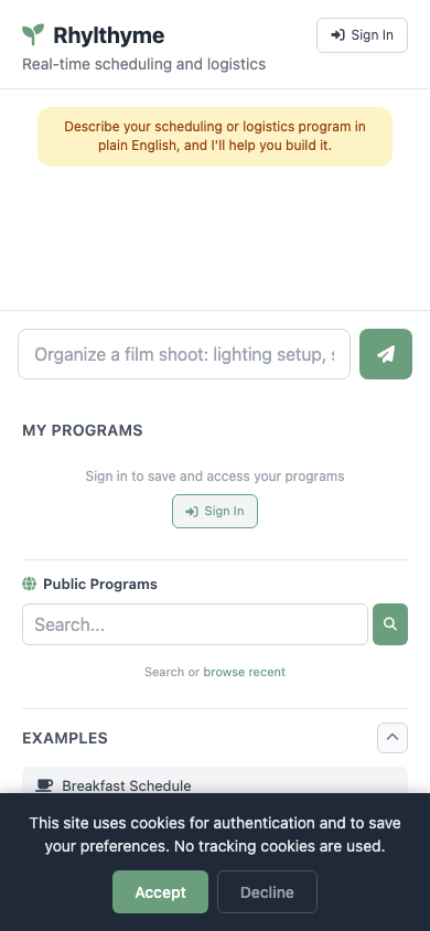 Mobile homepage view of the Rhylthyme web app